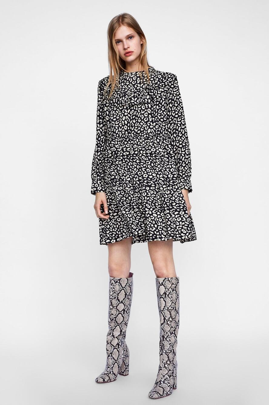 ZARA Black Cream Leopard Animal Print Long Sleeve Ruffle Mini A-line Dress XS